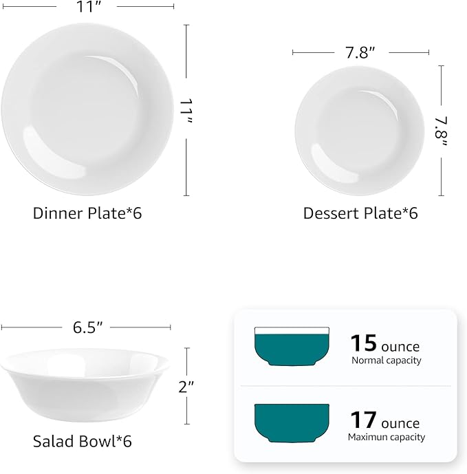 Dinnerware Set,18-PCS Kitchen Opal Dishes Set Service for 6, Lightweight Glass Plates and Bowls Set, Safety for Microwave & Dishwasher, Break and Chip Resistant