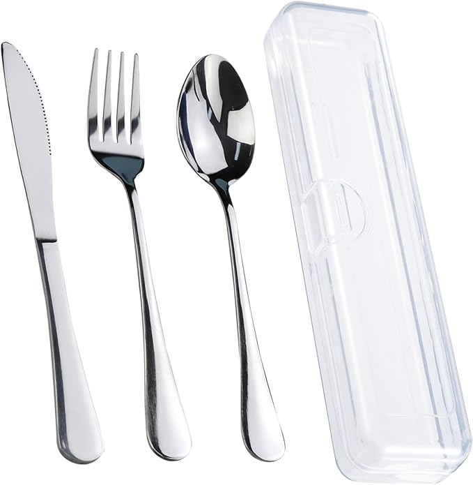 4PCS Premium Travel Utensils With Case, Stainless Steel Reusable Portable Utensils Set With Case, Travel Silverware Set With Case for Lunch Box Includ Fork Spoon Knife Set, Silver