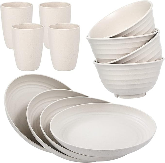 12pcs Wheat Straw Dinnerware Sets, Wheat Straw Plates and Bowls Sets for 4 Microwave Dishwasher Safe Lightweight Beige