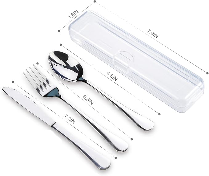 4PCS Premium Travel Utensils With Case, Stainless Steel Reusable Portable Utensils Set With Case, Travel Silverware Set With Case for Lunch Box Includ Fork Spoon Knife Set, Silver