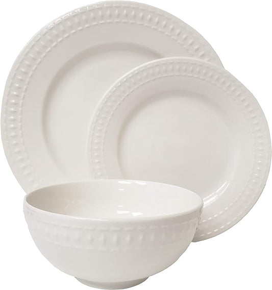 Embossed White Porcelain Round Dinnerware - 12 Piece Dinnerware Set