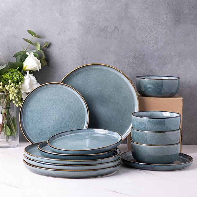 Ceramic Dinnerware Sets for 4, 12 Pieces Stoneware Plates and Bowls Sets, Reactive Glaze Dishes -Scratch Resistant, Dishwasher&Microwave Safe, Space Blue