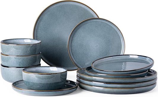 Ceramic Dinnerware Sets for 4, 12 Pieces Stoneware Plates and Bowls Sets, Reactive Glaze Dishes -Scratch Resistant, Dishwasher&Microwave Safe, Space Blue