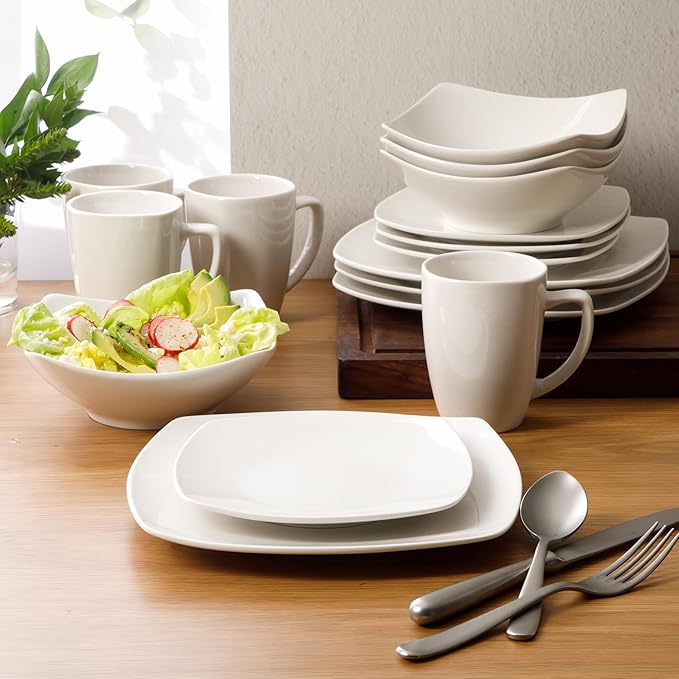 Porcelain Chip and Scratch Resistant Dinnerware Plates, Bowls, and Mugs Set, Service for 4 (16pcs), White (Square Dishes)