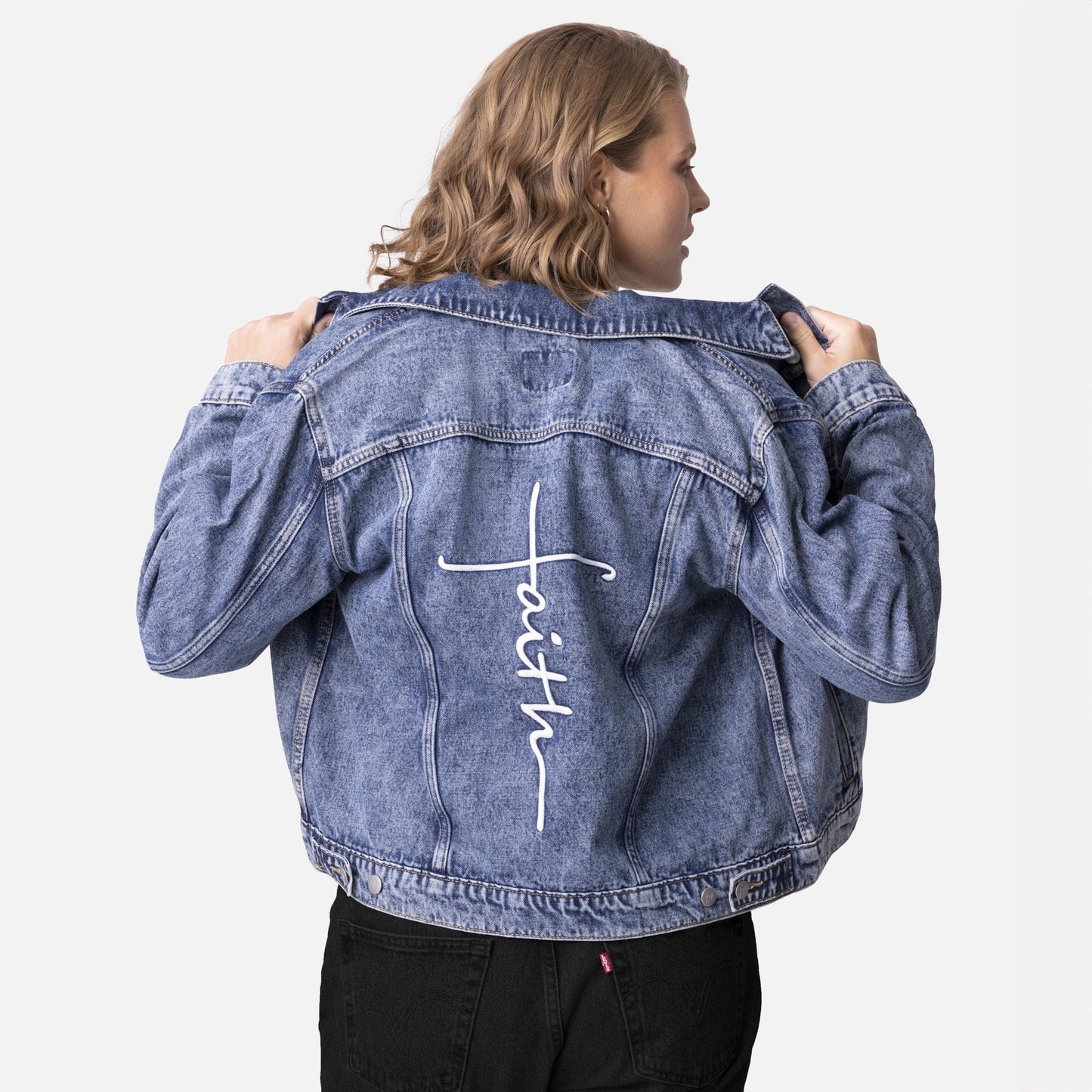 Vintage Washed Faith Cross Denim Jacket